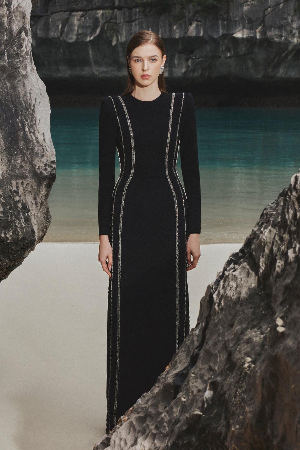 Crystal Embellished Long Sleeve Bodycon Full Dress